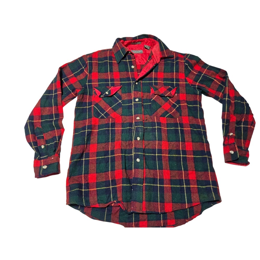 Men's Red Plaid Wool‎ Flannel Shirt Tartan Thrashed As Is Medium